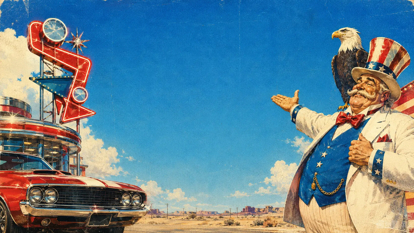 An overconfident roadside pitchman, eagle, diner and chrome muscle car surrounding an intentionally clear space for the actual decision